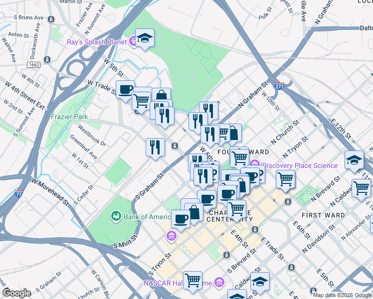 map of restaurants, bars, coffee shops, grocery stores, and more near 525 West Trade Street in Charlotte