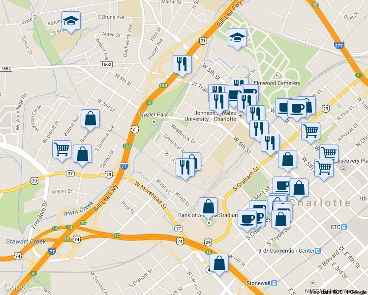map of restaurants, bars, coffee shops, grocery stores, and more near 900 Greenleaf Avenue in Charlotte