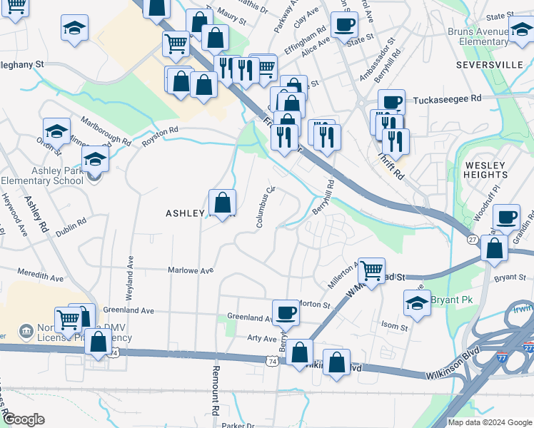 map of restaurants, bars, coffee shops, grocery stores, and more near 3129 Columbus Circle in Charlotte