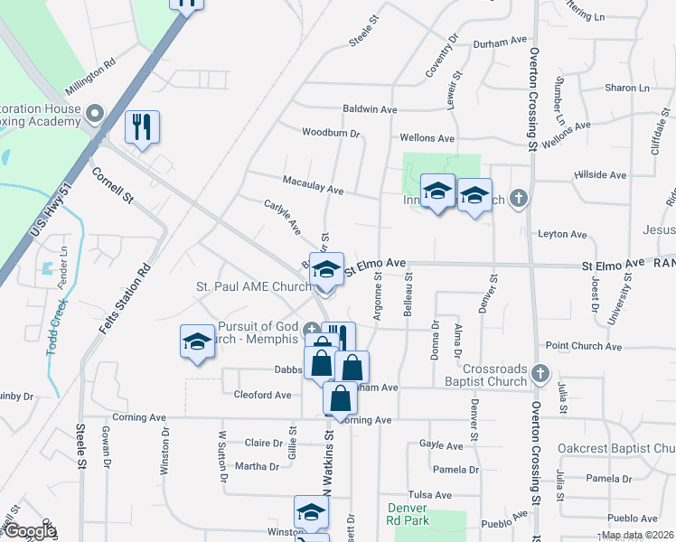 map of restaurants, bars, coffee shops, grocery stores, and more near in Memphis