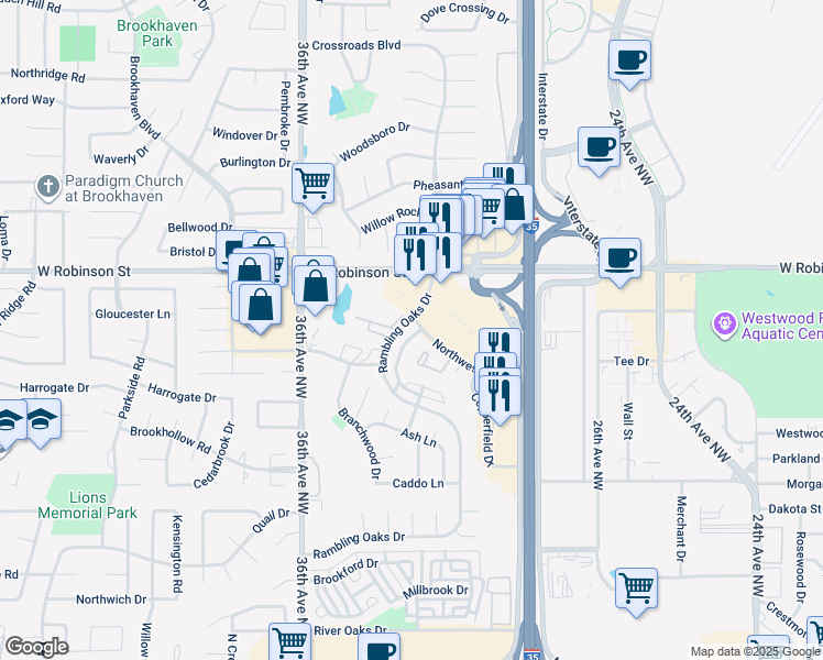 map of restaurants, bars, coffee shops, grocery stores, and more near 981 Pinebrooke Court in Norman