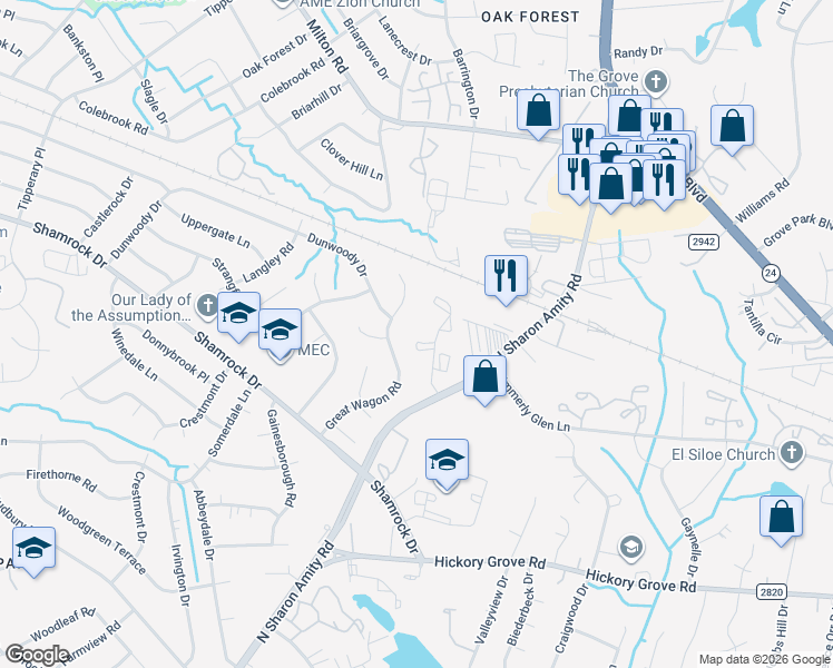 map of restaurants, bars, coffee shops, grocery stores, and more near 4608 Sharon Chase Drive in Charlotte