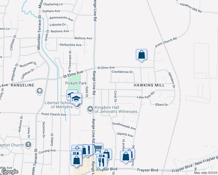 map of restaurants, bars, coffee shops, grocery stores, and more near 2706 Northmeade Avenue in Memphis