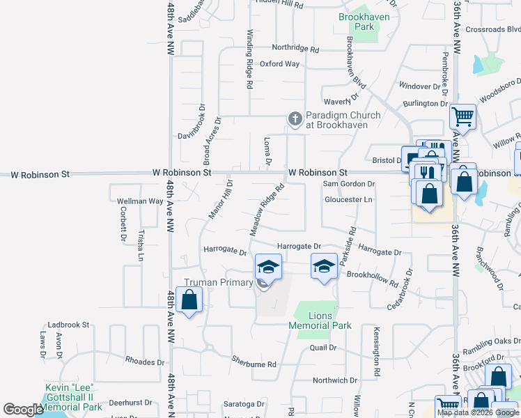 map of restaurants, bars, coffee shops, grocery stores, and more near 800 Meadow Ridge Road in Norman