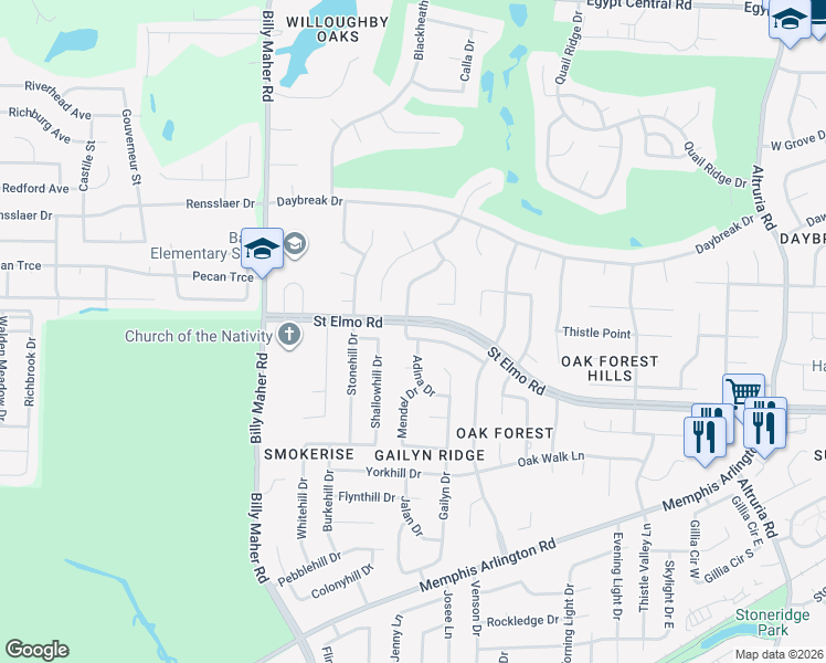 map of restaurants, bars, coffee shops, grocery stores, and more near 6135 Windy Scape Drive in Memphis
