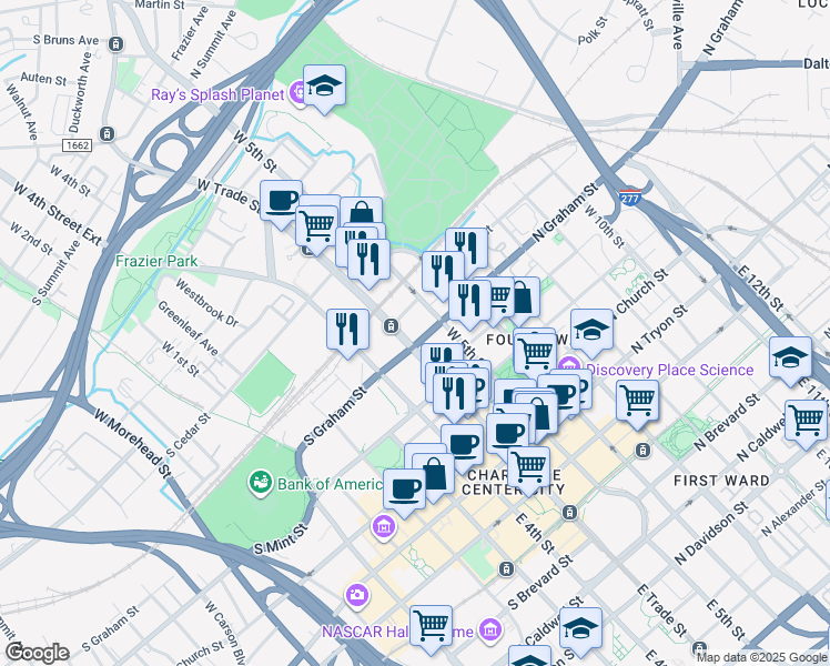 map of restaurants, bars, coffee shops, grocery stores, and more near 500 West Trade Street in Charlotte