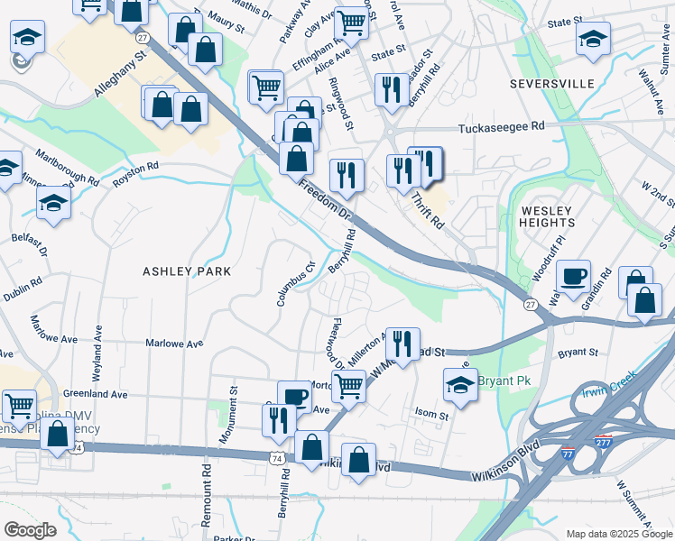 map of restaurants, bars, coffee shops, grocery stores, and more near 1616 Fleetwood Drive in Charlotte