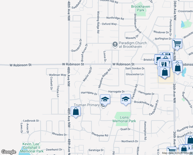 map of restaurants, bars, coffee shops, grocery stores, and more near 4416 Brighton Court in Norman