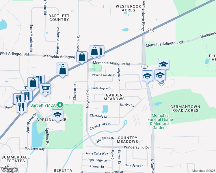 map of restaurants, bars, coffee shops, grocery stores, and more near 7928 Linda Joyce Drive in Bartlett