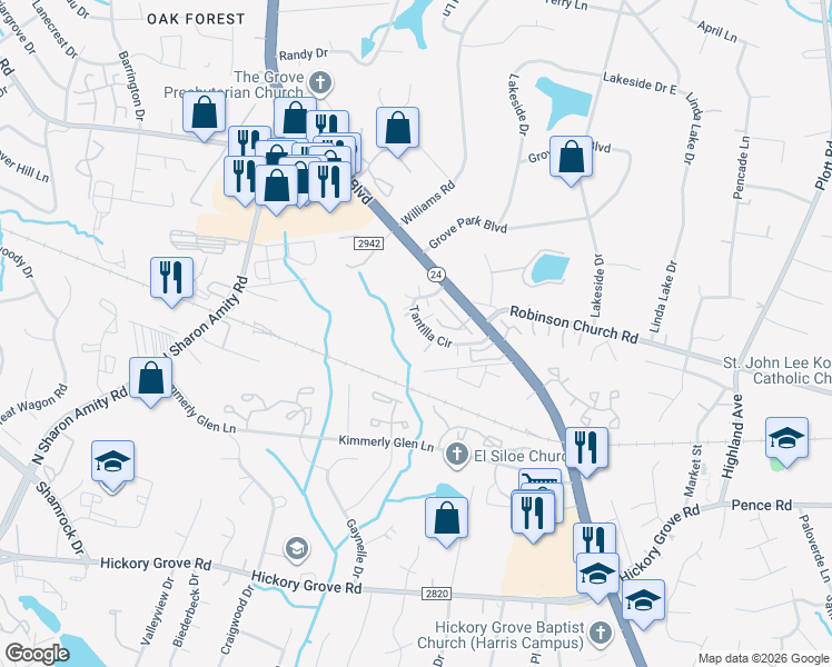 map of restaurants, bars, coffee shops, grocery stores, and more near 4418 Tantilla Circle in Charlotte