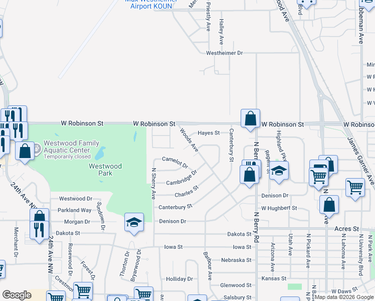 map of restaurants, bars, coffee shops, grocery stores, and more near 1609 Camelot Drive in Norman