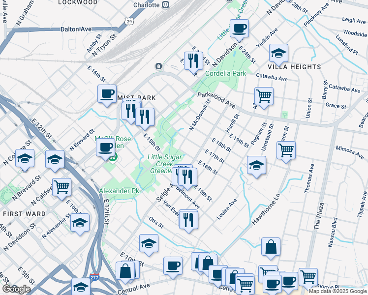 map of restaurants, bars, coffee shops, grocery stores, and more near 806 East 17th Street in Charlotte