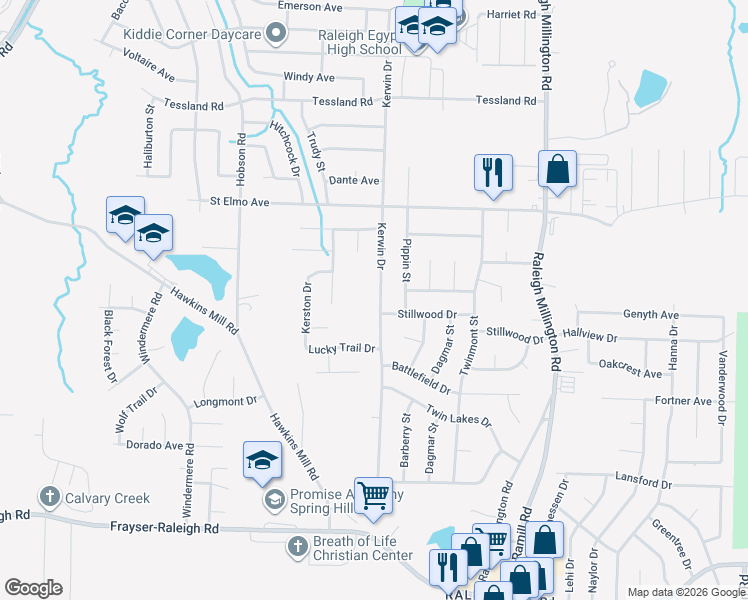map of restaurants, bars, coffee shops, grocery stores, and more near 3838 Kerwin Drive in Memphis