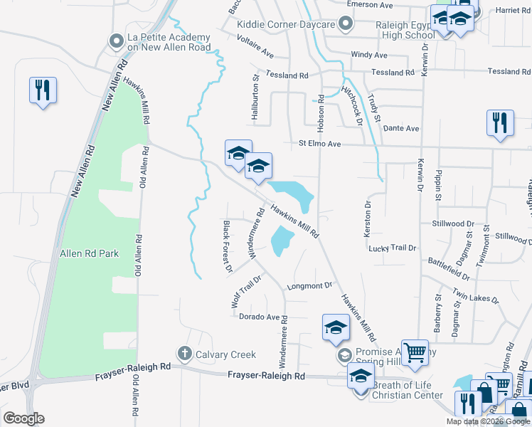 map of restaurants, bars, coffee shops, grocery stores, and more near 3866 Windermere Road in Memphis