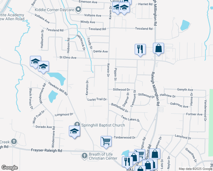 map of restaurants, bars, coffee shops, grocery stores, and more near 3838 Kerwin Drive in Memphis