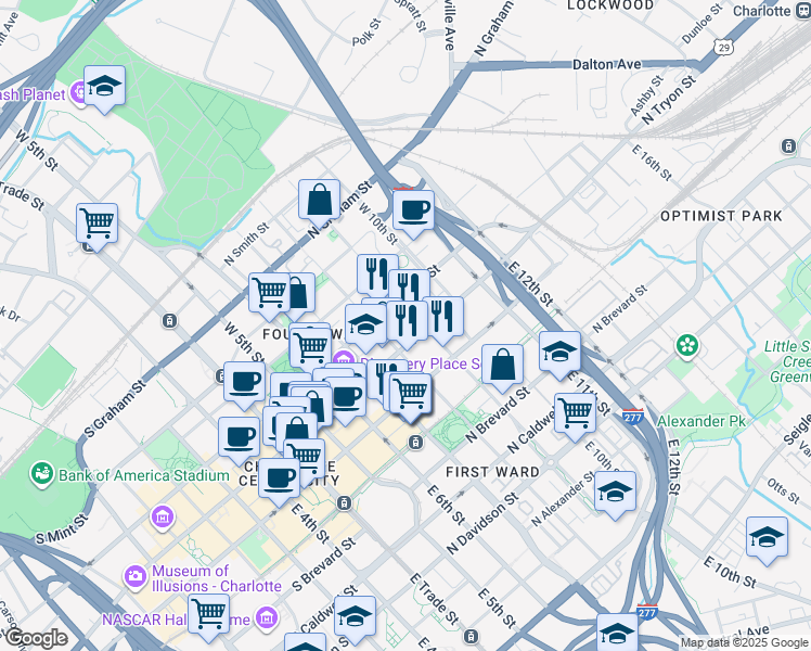 map of restaurants, bars, coffee shops, grocery stores, and more near 516 North Tryon Street in Charlotte