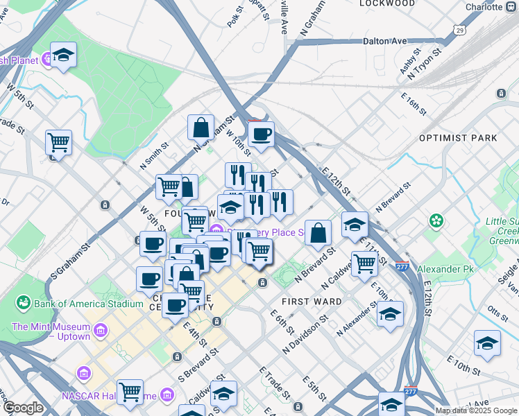 map of restaurants, bars, coffee shops, grocery stores, and more near 525 North Tryon Street in Charlotte