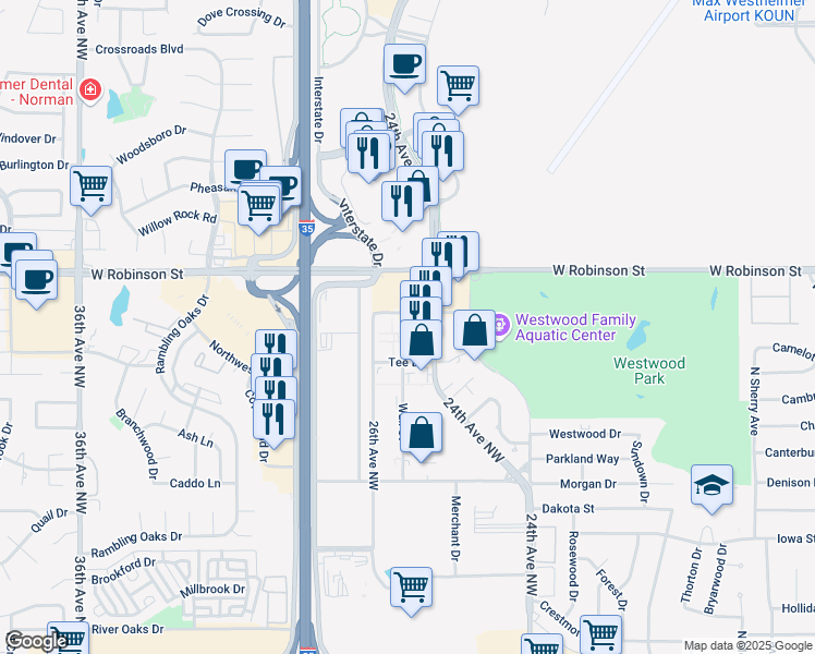 map of restaurants, bars, coffee shops, grocery stores, and more near 1010 24th Avenue Northwest in Norman