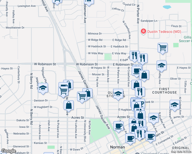 map of restaurants, bars, coffee shops, grocery stores, and more near 130 West Himes Street in Norman