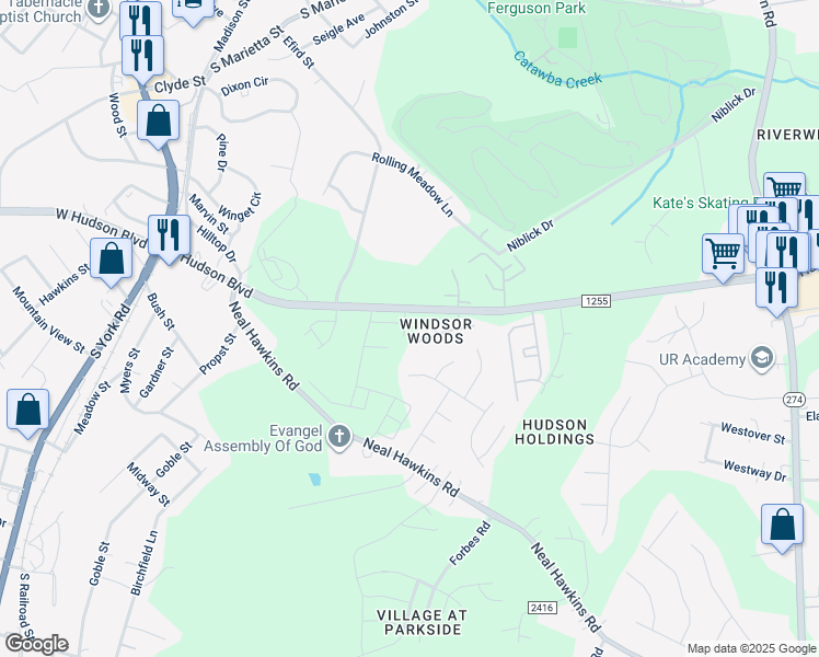 map of restaurants, bars, coffee shops, grocery stores, and more near 535 Queen Brogan Court in Gastonia