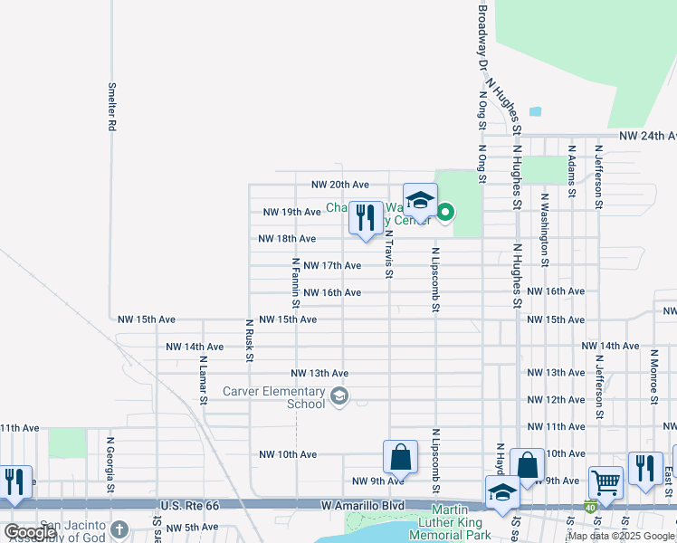 map of restaurants, bars, coffee shops, grocery stores, and more near 1901 Northwest 17th Avenue in Amarillo