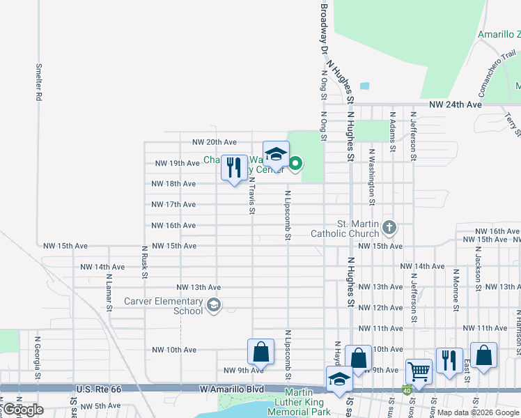 map of restaurants, bars, coffee shops, grocery stores, and more near 1444 Northwest 16th Avenue in Amarillo