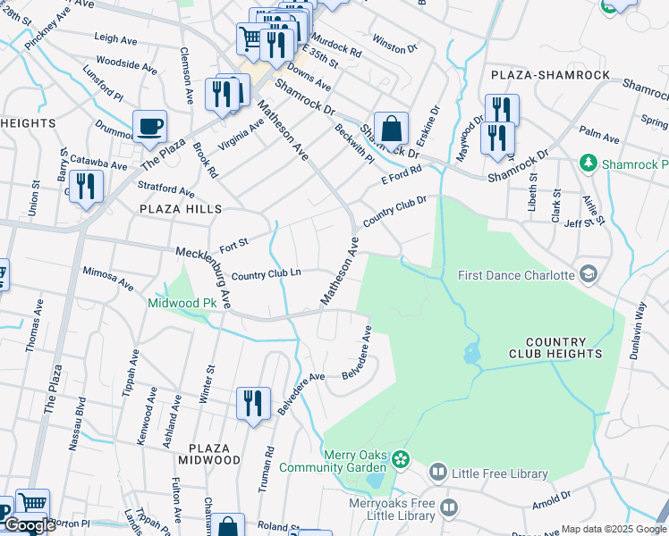 map of restaurants, bars, coffee shops, grocery stores, and more near 2100 Matheson Avenue in Charlotte