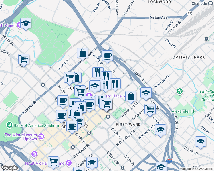 map of restaurants, bars, coffee shops, grocery stores, and more near 516 North Tryon Street in Charlotte