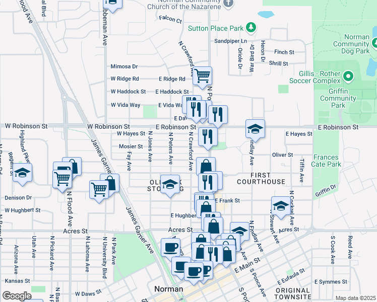 map of restaurants, bars, coffee shops, grocery stores, and more near 1016 North Crawford Avenue in Norman