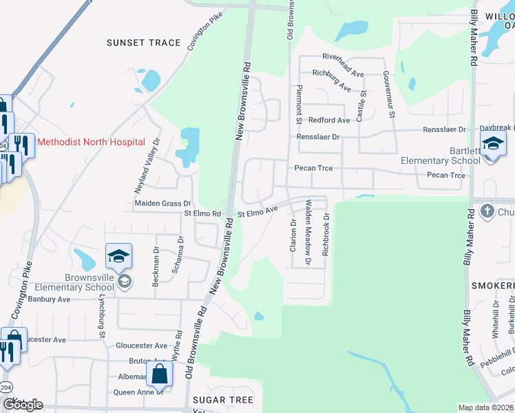 map of restaurants, bars, coffee shops, grocery stores, and more near 3833 Old Brownsville Road in Memphis