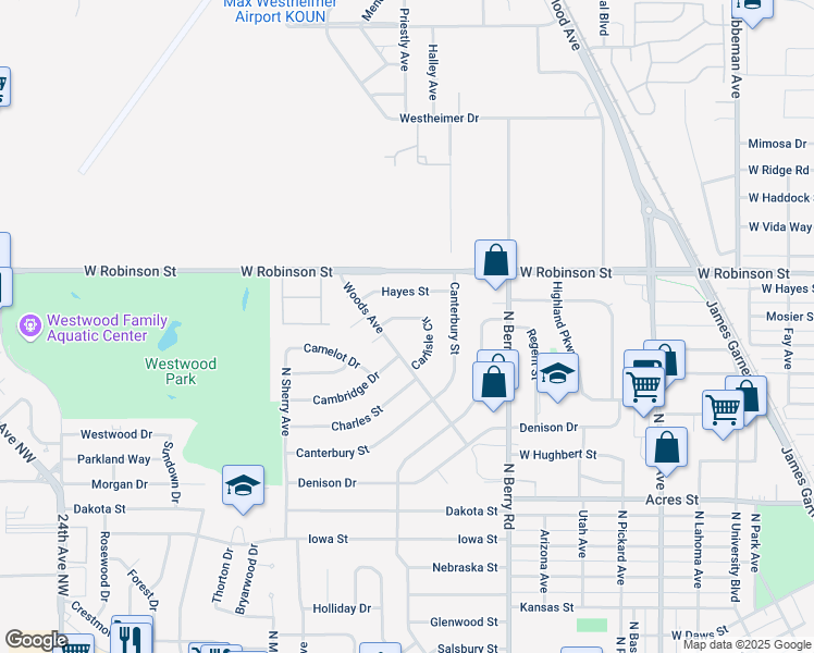 map of restaurants, bars, coffee shops, grocery stores, and more near 1004 Carlisle Circle in Norman