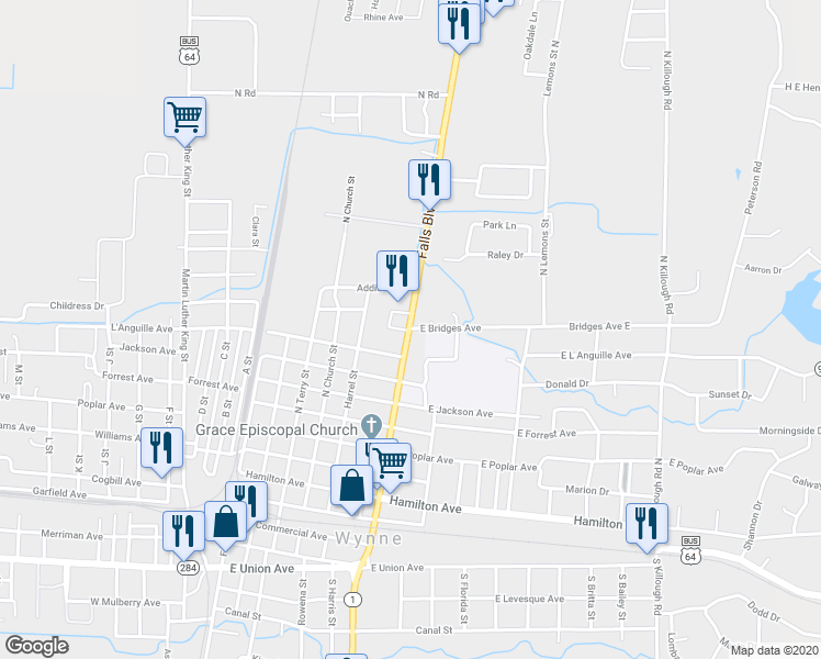 map of restaurants, bars, coffee shops, grocery stores, and more near 701 East Bridges Avenue in Wynne