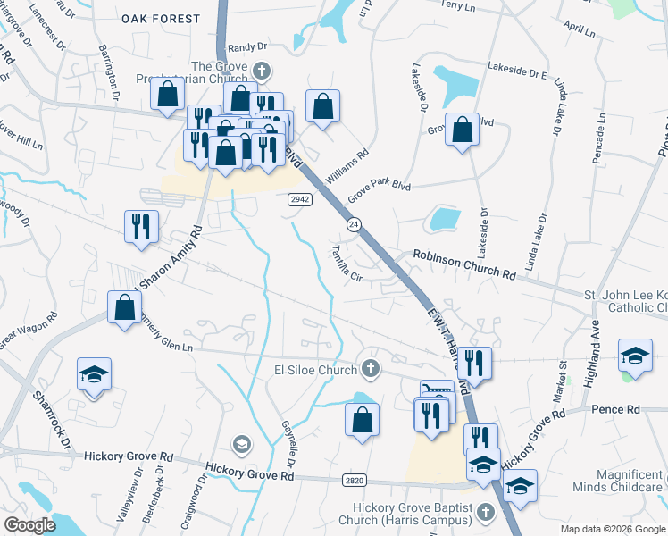map of restaurants, bars, coffee shops, grocery stores, and more near 4418 Tantilla Circle in Charlotte