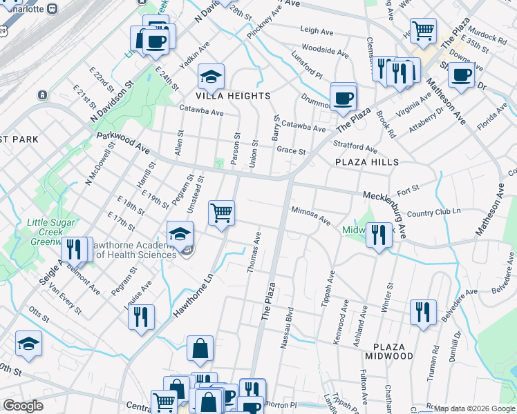 map of restaurants, bars, coffee shops, grocery stores, and more near 1605 Belvedere Avenue in Charlotte