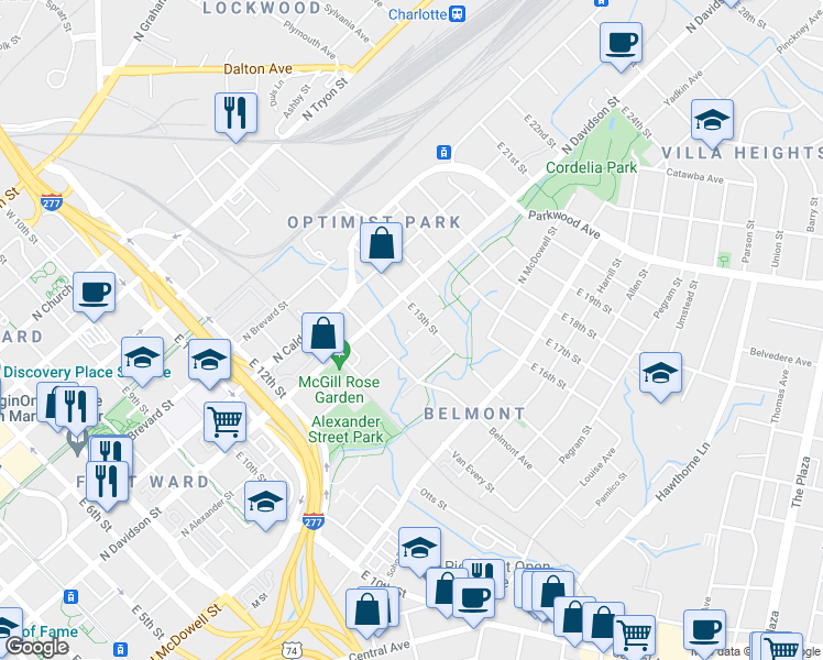 map of restaurants, bars, coffee shops, grocery stores, and more near in Charlotte