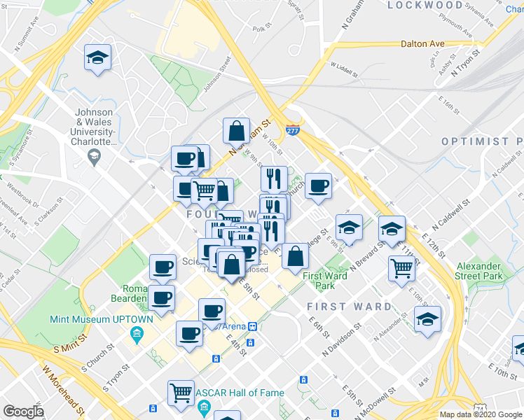 map of restaurants, bars, coffee shops, grocery stores, and more near 315 North Church Street in Charlotte