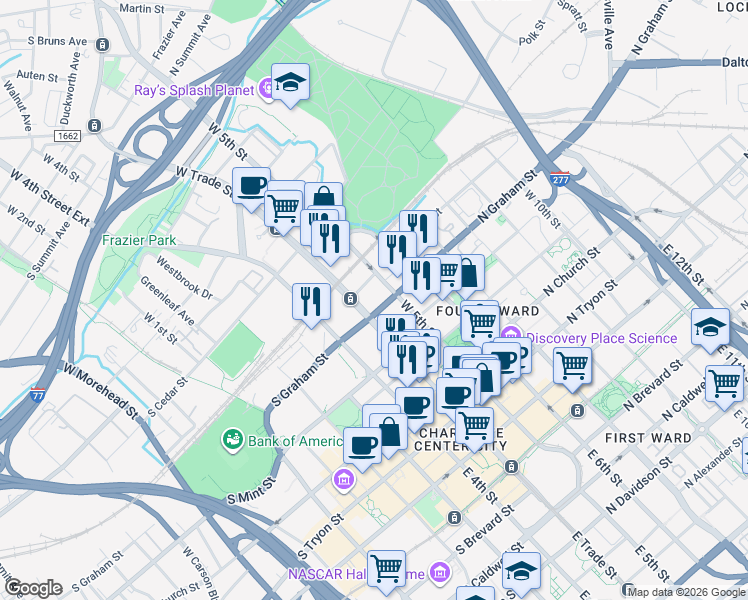map of restaurants, bars, coffee shops, grocery stores, and more near 525 West Trade Street in Charlotte