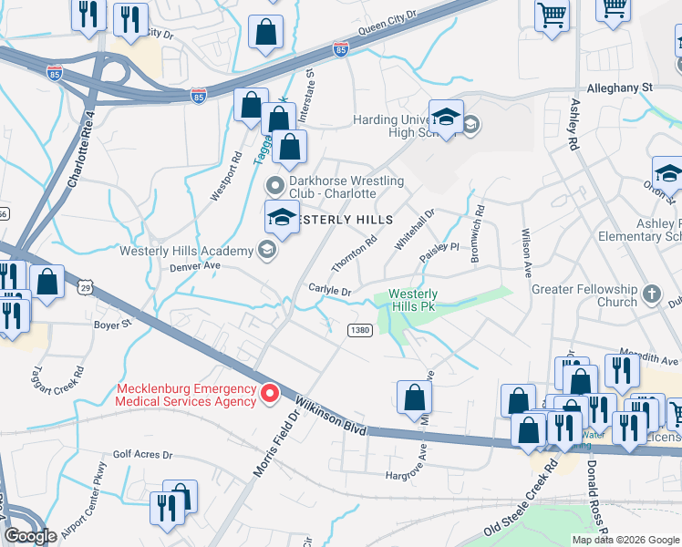 map of restaurants, bars, coffee shops, grocery stores, and more near 4133 Carlyle Drive in Charlotte