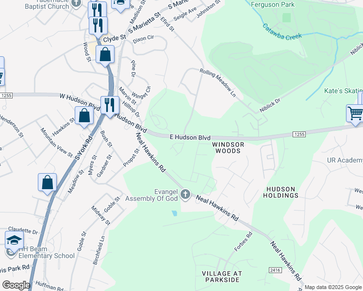 map of restaurants, bars, coffee shops, grocery stores, and more near 550 Neal Hawkins Road in Gastonia