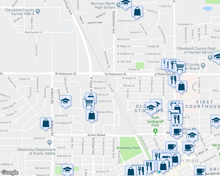 map of restaurants, bars, coffee shops, grocery stores, and more near 416 Mosier Street in Norman