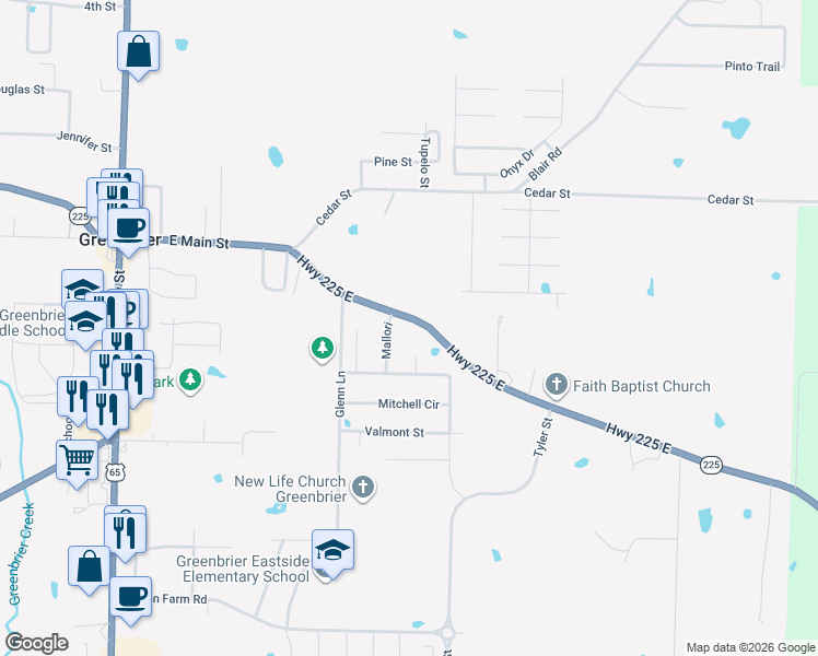 map of restaurants, bars, coffee shops, grocery stores, and more near 61-01 East Main Street in Greenbrier