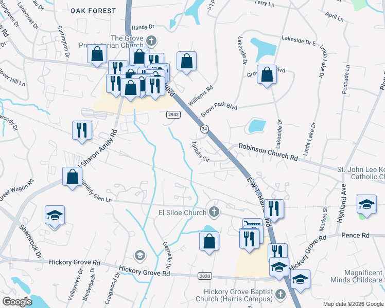 map of restaurants, bars, coffee shops, grocery stores, and more near 4418 Tantilla Circle in Charlotte