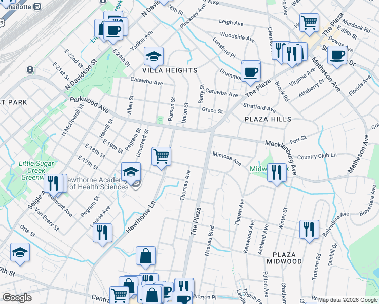 map of restaurants, bars, coffee shops, grocery stores, and more near 1605 Belvedere Avenue in Charlotte