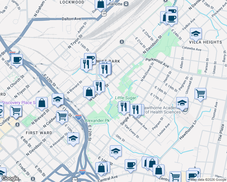 map of restaurants, bars, coffee shops, grocery stores, and more near in Charlotte