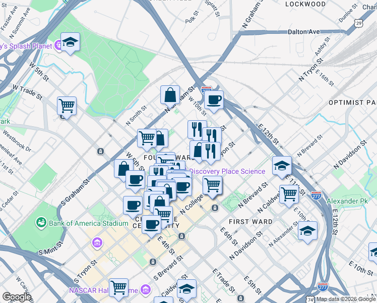 map of restaurants, bars, coffee shops, grocery stores, and more near 423 North Church Street in Charlotte
