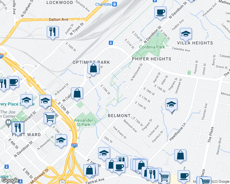 map of restaurants, bars, coffee shops, grocery stores, and more near 725 East 15th Street in Charlotte