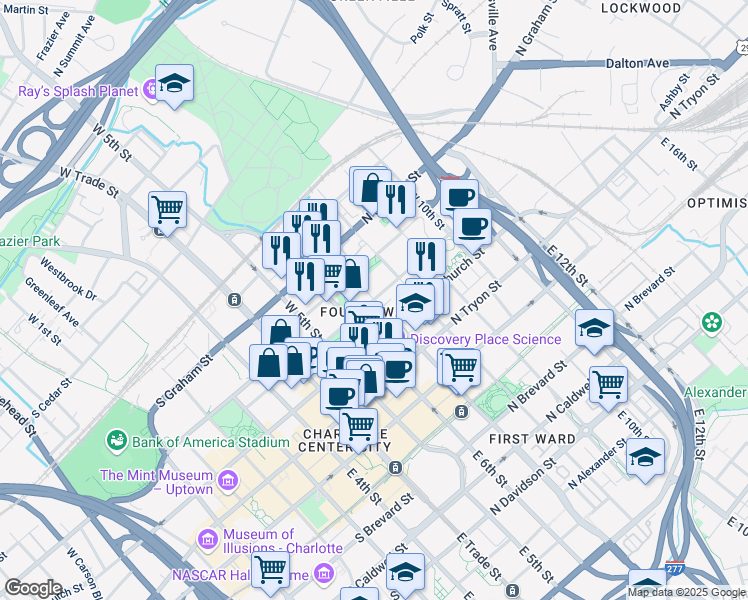 map of restaurants, bars, coffee shops, grocery stores, and more near N Poplar St & W 7th St in Charlotte