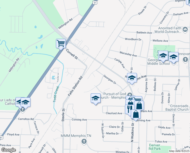 map of restaurants, bars, coffee shops, grocery stores, and more near 1635 Georgian Drive in Memphis