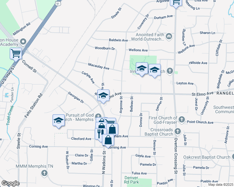 map of restaurants, bars, coffee shops, grocery stores, and more near 1866 Saint Elmo Avenue in Memphis