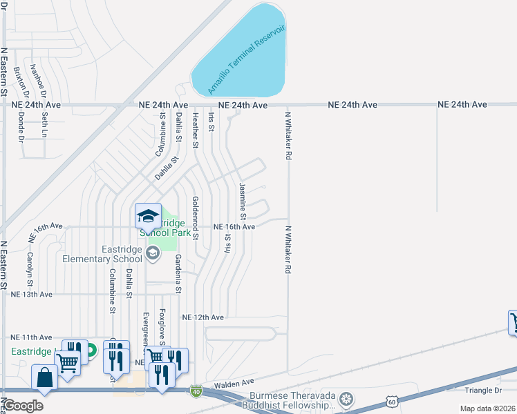 map of restaurants, bars, coffee shops, grocery stores, and more near 6712 Blissful Ln in Amarillo